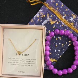 Gold Necklace "d" 16" and Purple Beaded Bracelet Set